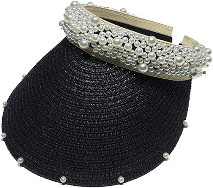 Women Pearl Straw Visor Hat Summer Wide Brim Sun Protection Beach Hat Travel Accessories