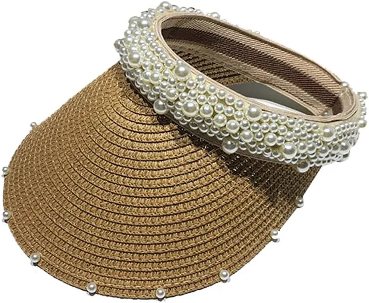 Women Pearl Straw Visor Hat Summer Wide Brim Sun Protection Beach Hat Travel Accessories