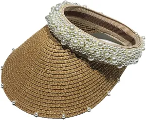 Women Pearl Straw Visor Hat Summer Wide Brim Sun Protection Beach Hat Travel Accessories