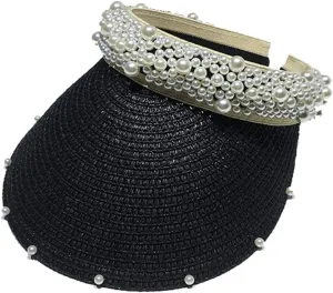 Women Pearl Straw Visor Hat Summer Wide Brim Sun Protection Beach Hat Travel Accessories