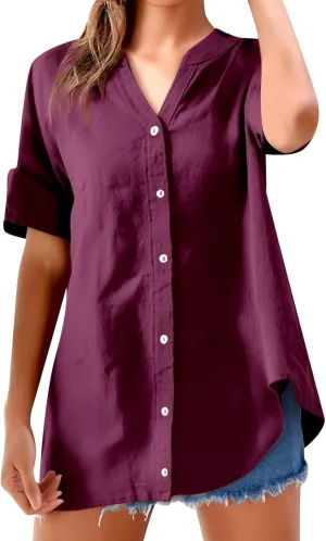 Women Short Sleeve Cotton Linen Shirt Casual Crew Neck Trendy Dressy T Shirt Buttons Loose Fit Summer Tee Top