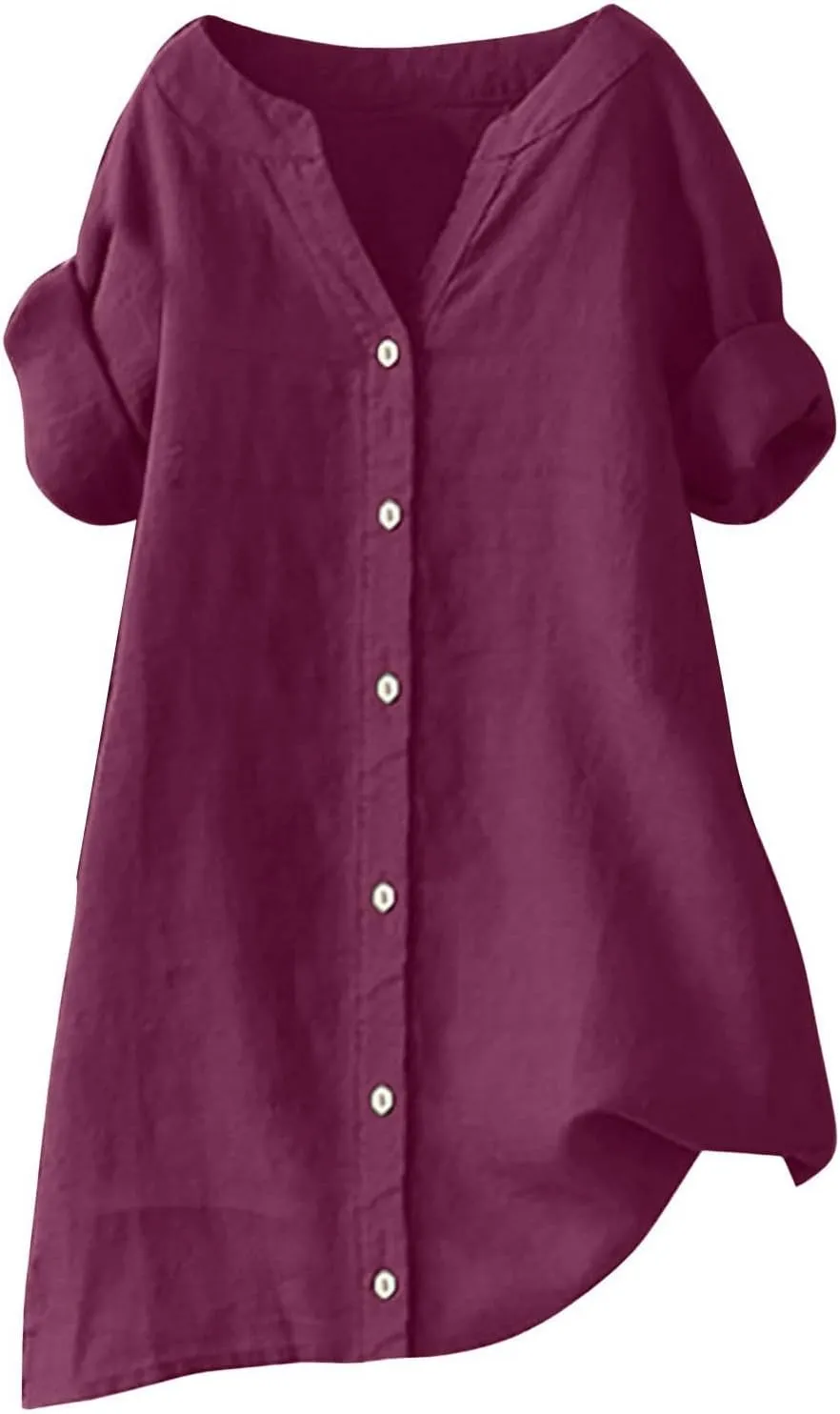 Women Short Sleeve Cotton Linen Shirt Casual Crew Neck Trendy Dressy T Shirt Buttons Loose Fit Summer Tee Top