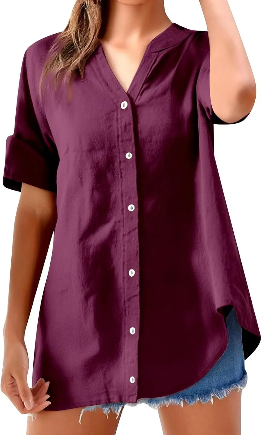 Women Short Sleeve Cotton Linen Shirt Casual Crew Neck Trendy Dressy T Shirt Buttons Loose Fit Summer Tee Top