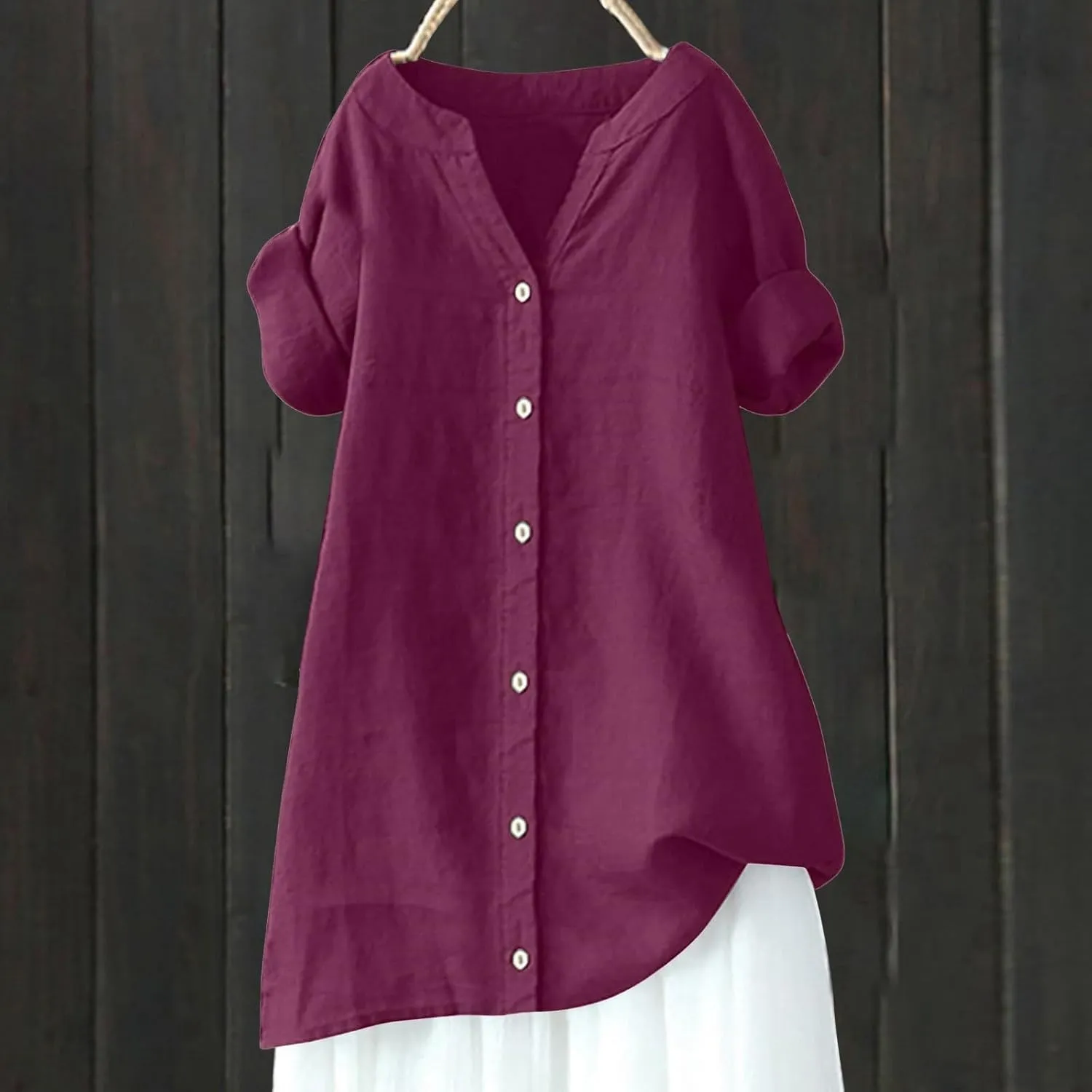 Women Short Sleeve Cotton Linen Shirt Casual Crew Neck Trendy Dressy T Shirt Buttons Loose Fit Summer Tee Top