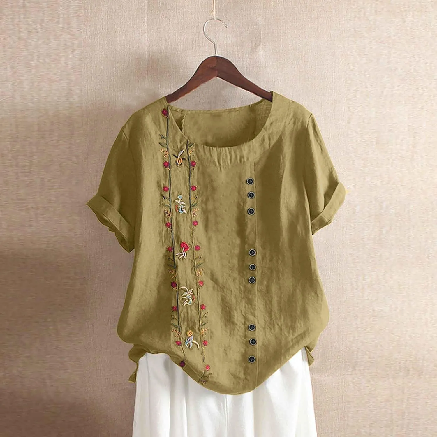 Women Short Sleeve Linen Shirts 2024 Trendy Crewneck Flower Printed Tees Blouse Casual Comfy Cotton Summer Tops