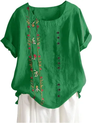 Women Short Sleeve Linen Shirts 2024 Trendy Crewneck Flower Printed Tees Blouse Casual Comfy Cotton Summer Tops