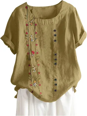 Women Short Sleeve Linen Shirts 2024 Trendy Crewneck Flower Printed Tees Blouse Casual Comfy Cotton Summer Tops