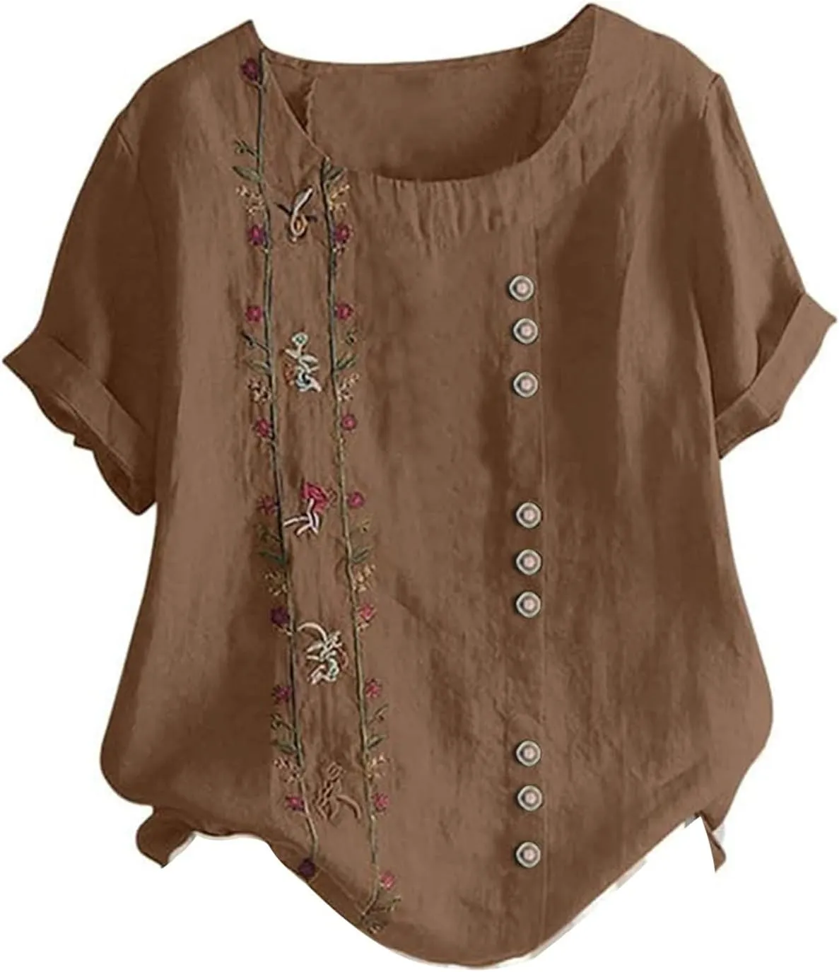 Women Short Sleeve Linen Shirts 2025 Trendy Crewneck Flower Printed Tees Blouse Casual Comfy Cotton Summer Tops