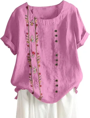 Women Short Sleeve Linen Shirts 2025 Trendy Crewneck Flower Printed Tees Blouse Casual Comfy Cotton Summer Tops