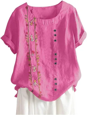 Women Short Sleeve Linen Shirts 2025 Trendy Crewneck Flower Printed Tees Blouse Casual Comfy Cotton Summer Tops