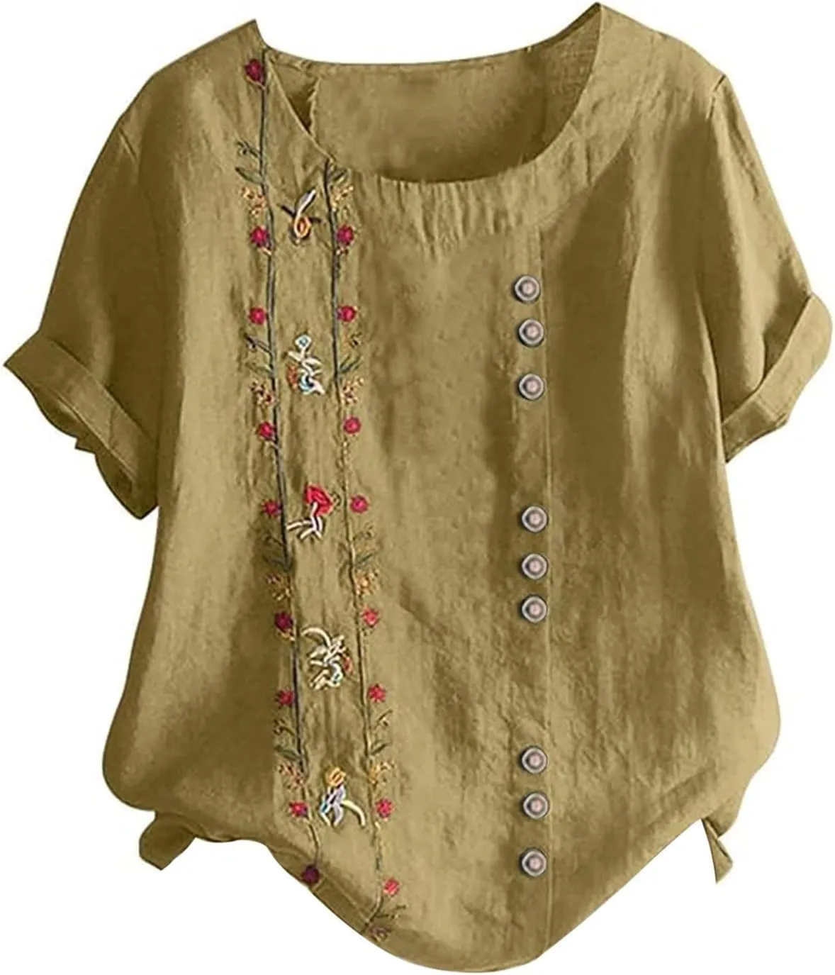 Women Short Sleeve Linen Shirts 2025 Trendy Crewneck Flower Printed Tees Blouse Casual Comfy Cotton Summer Tops