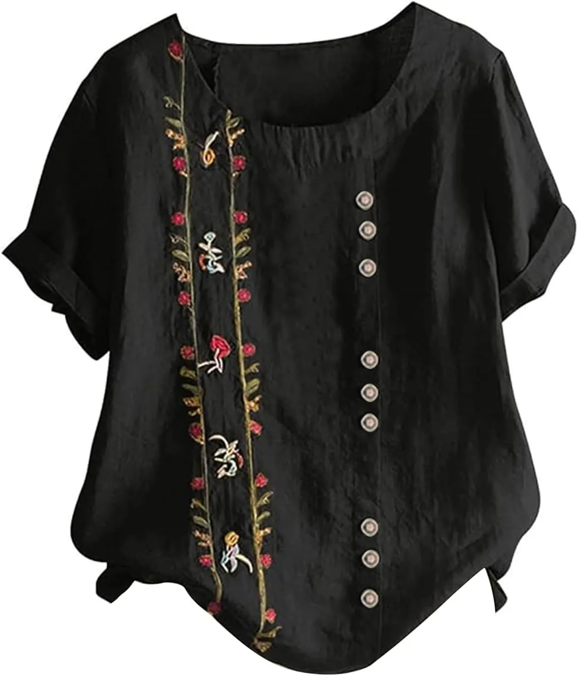 Women Short Sleeve Linen Shirts 2025 Trendy Crewneck Flower Printed Tees Blouse Casual Comfy Cotton Summer Tops