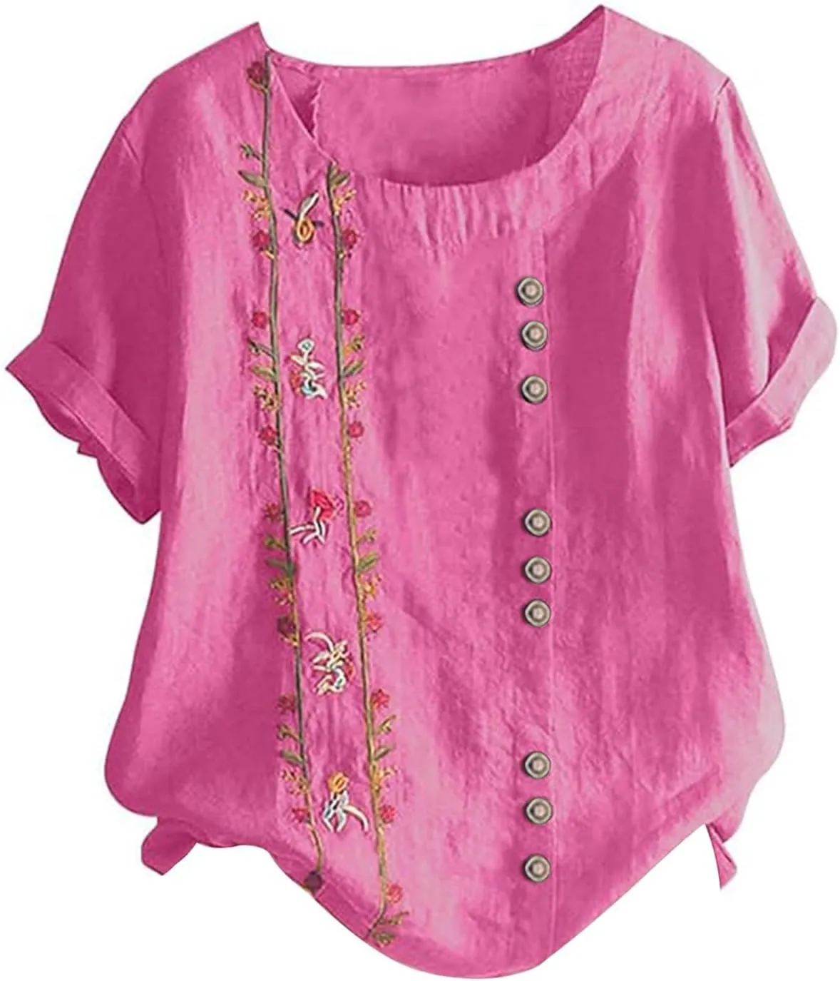 Women Short Sleeve Linen Shirts 2025 Trendy Crewneck Flower Printed Tees Blouse Casual Comfy Cotton Summer Tops