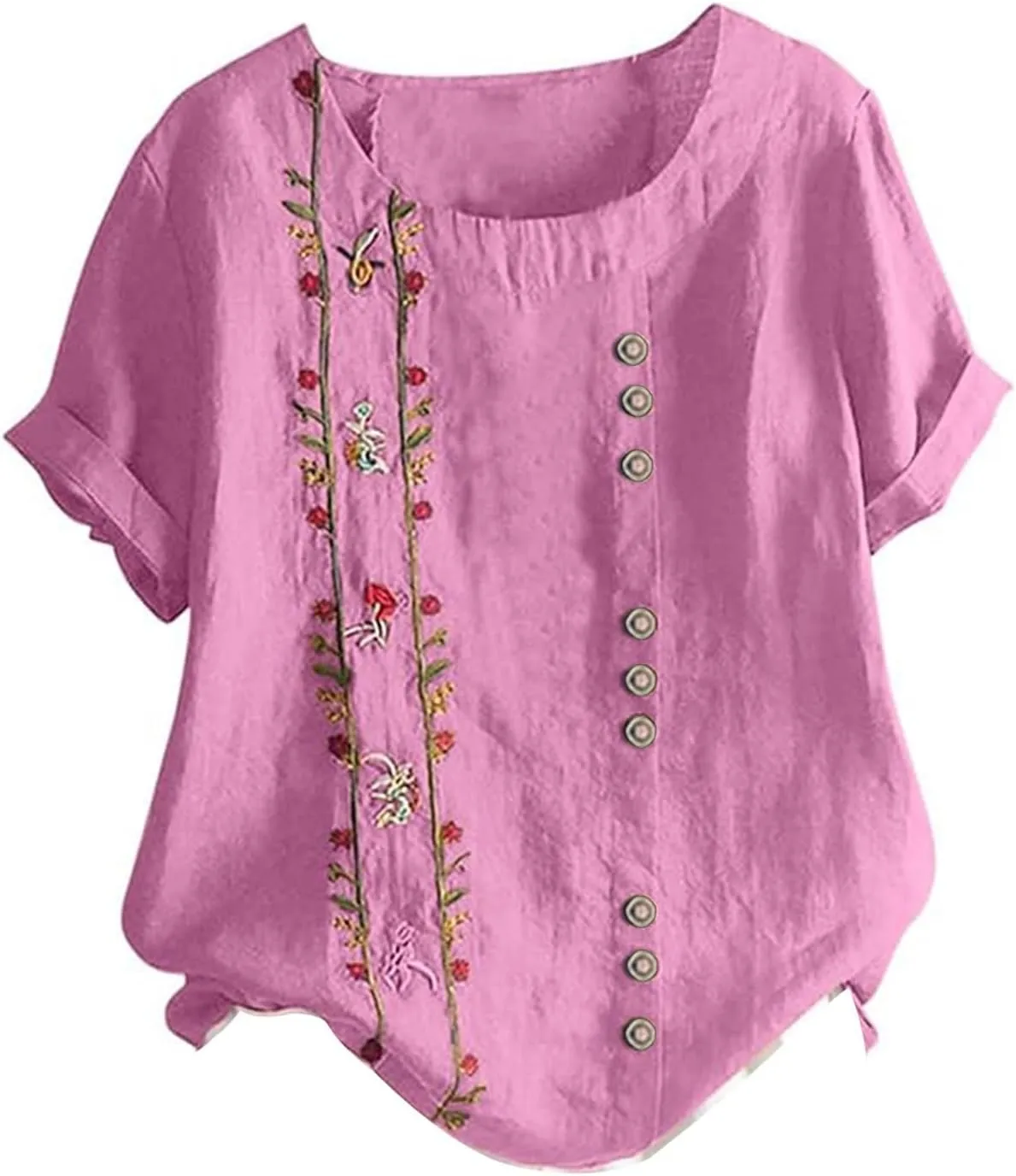 Women Short Sleeve Linen Shirts 2025 Trendy Crewneck Flower Printed Tees Blouse Casual Comfy Cotton Summer Tops