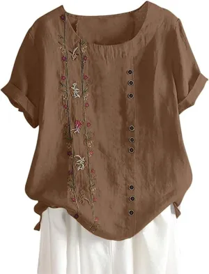 Women Short Sleeve Linen Shirts 2025 Trendy Crewneck Flower Printed Tees Blouse Casual Comfy Cotton Summer Tops