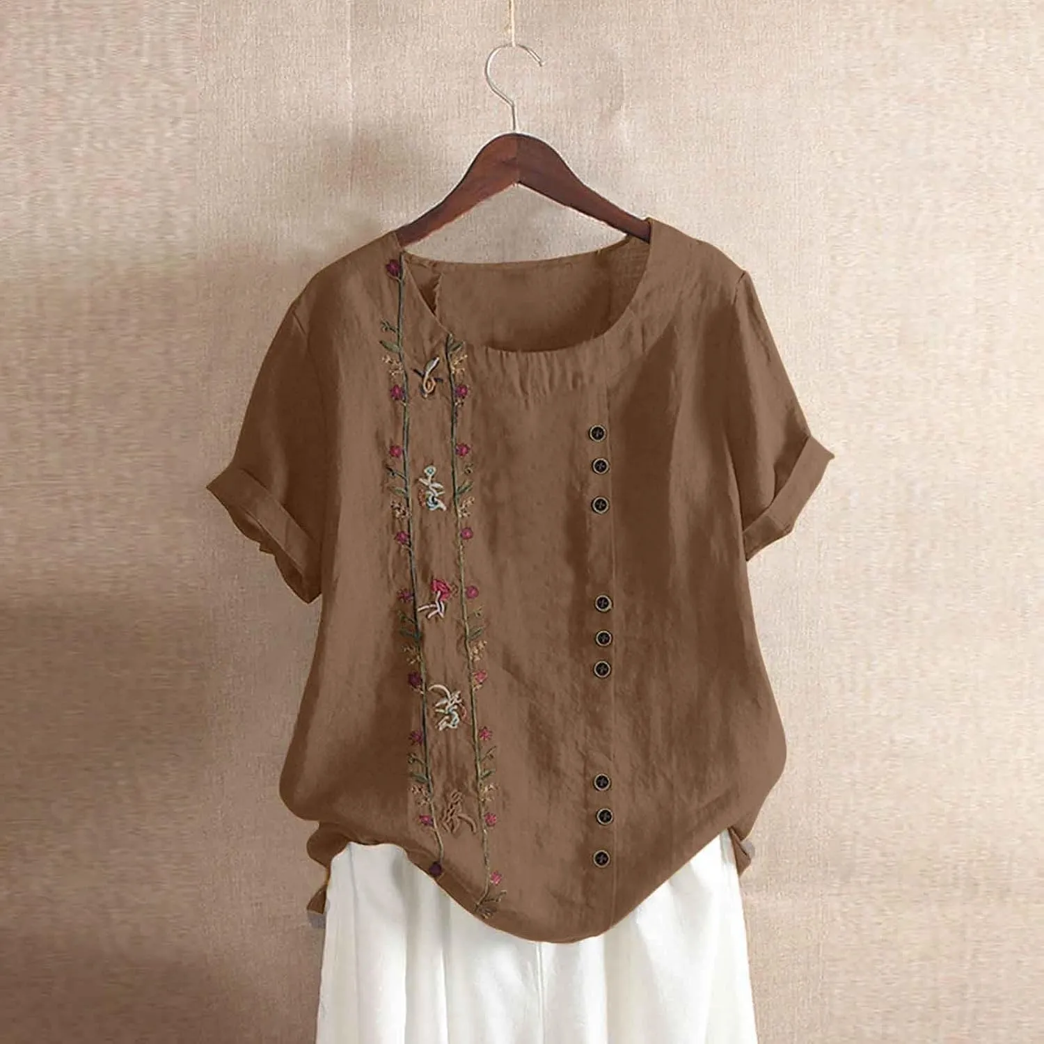 Women Short Sleeve Linen Shirts 2025 Trendy Crewneck Flower Printed Tees Blouse Casual Comfy Cotton Summer Tops