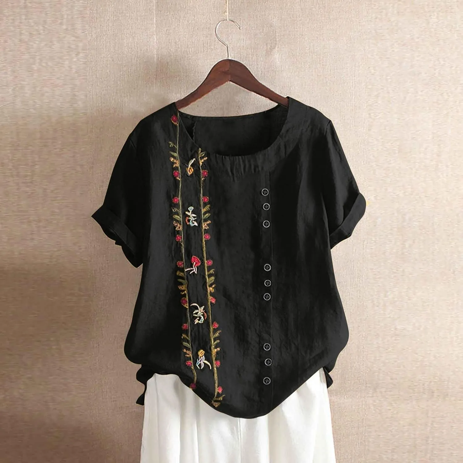Women Short Sleeve Linen Shirts 2025 Trendy Crewneck Flower Printed Tees Blouse Casual Comfy Cotton Summer Tops