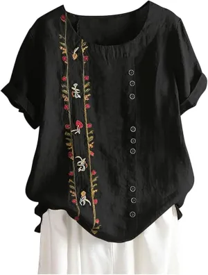 Women Short Sleeve Linen Shirts 2025 Trendy Crewneck Flower Printed Tees Blouse Casual Comfy Cotton Summer Tops