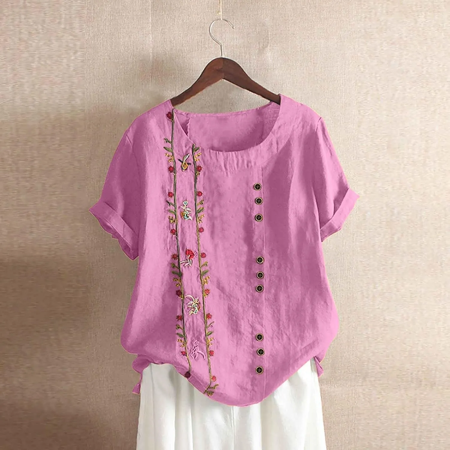 Women Short Sleeve Linen Shirts 2025 Trendy Crewneck Flower Printed Tees Blouse Casual Comfy Cotton Summer Tops