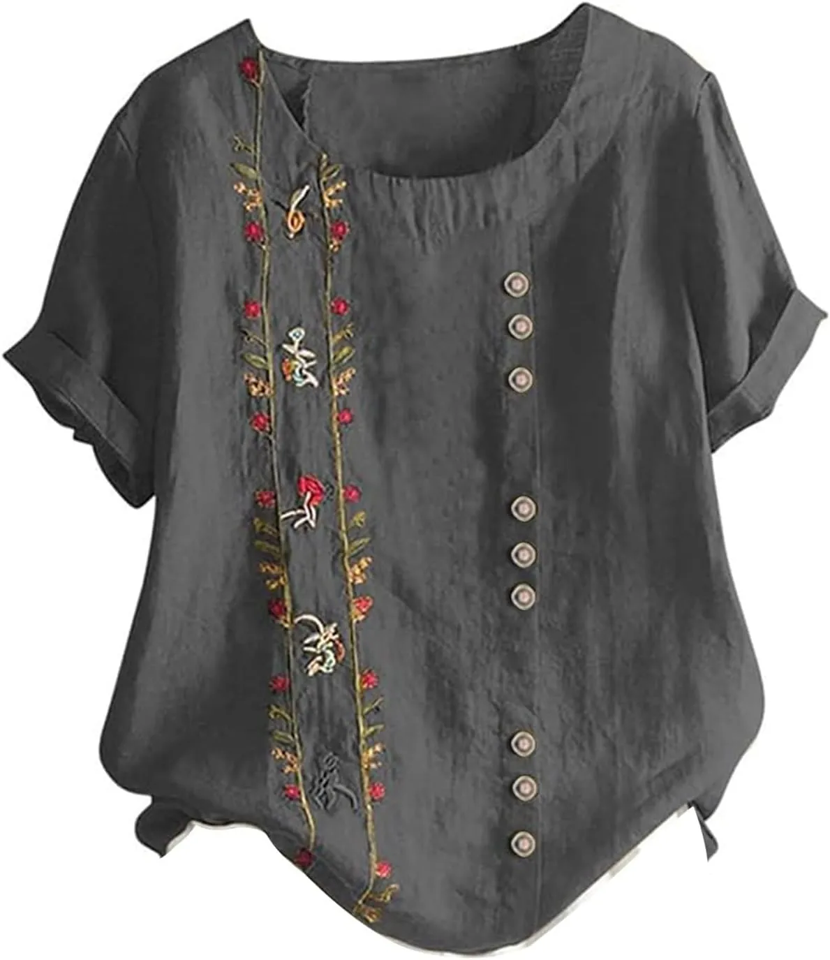 Women Short Sleeve Linen Shirts 2025 Trendy Crewneck Flower Printed Tees Blouse Casual Comfy Cotton Summer Tops