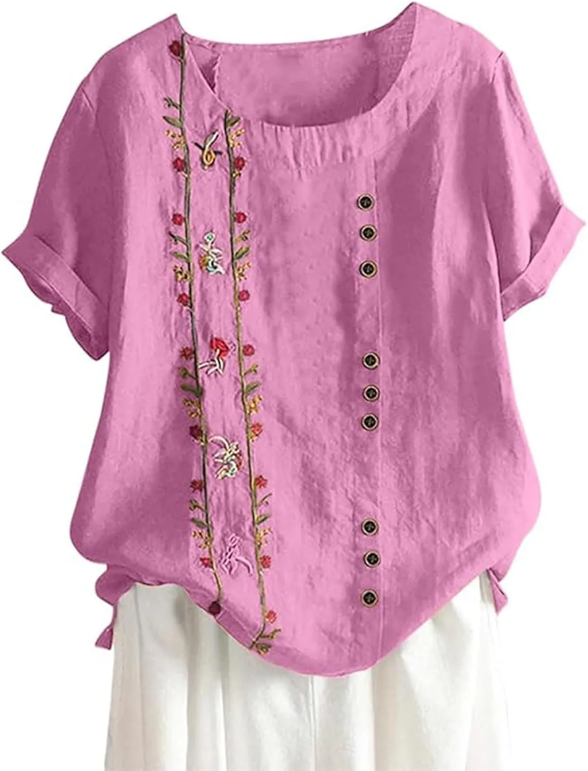 Women Short Sleeve Linen Shirts 2025 Trendy Crewneck Flower Printed Tees Blouse Casual Comfy Cotton Summer Tops