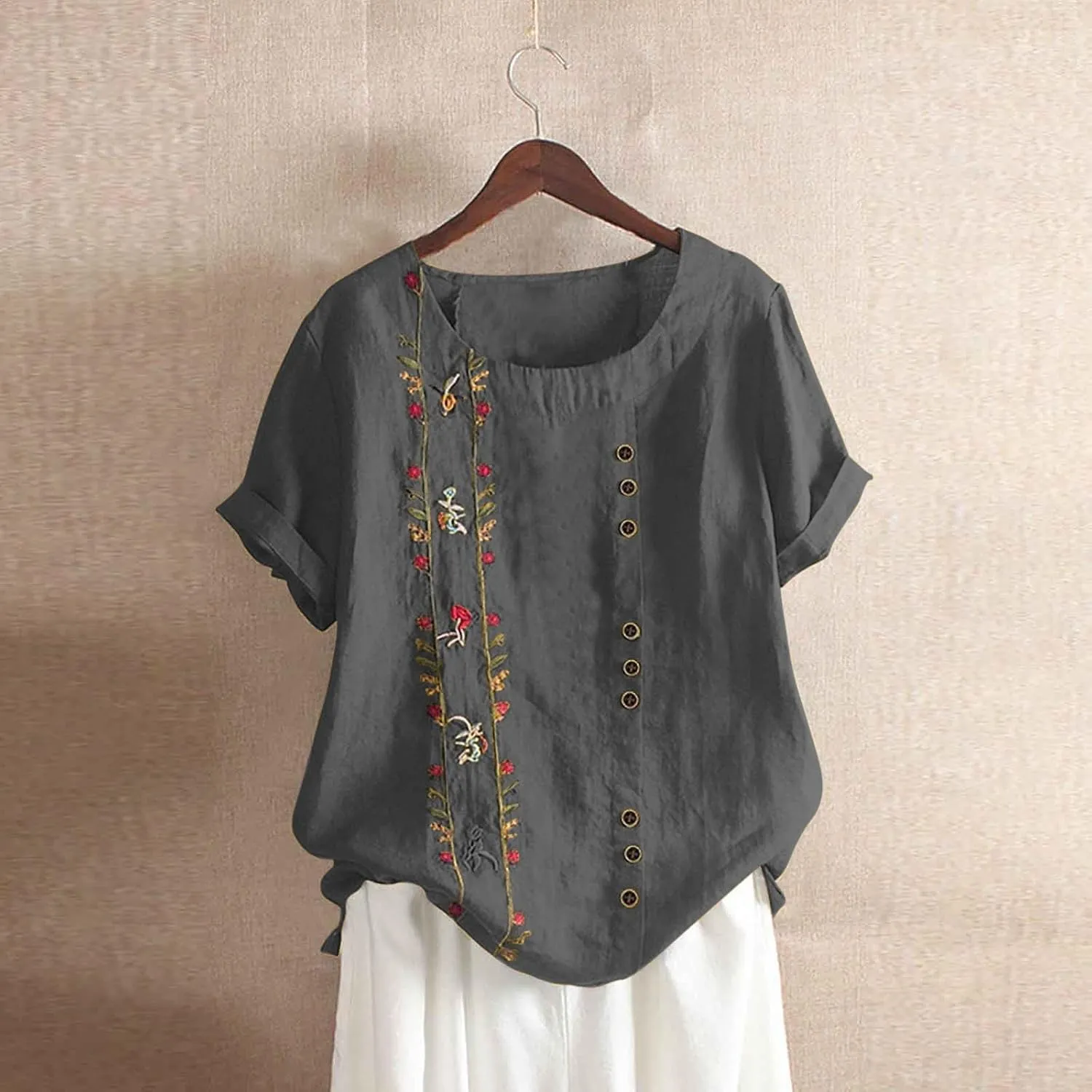 Women Short Sleeve Linen Shirts 2025 Trendy Crewneck Flower Printed Tees Blouse Casual Comfy Cotton Summer Tops