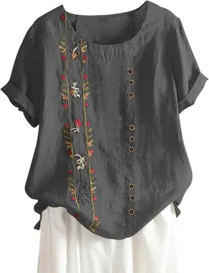 Women Short Sleeve Linen Shirts 2025 Trendy Crewneck Flower Printed Tees Blouse Casual Comfy Cotton Summer Tops