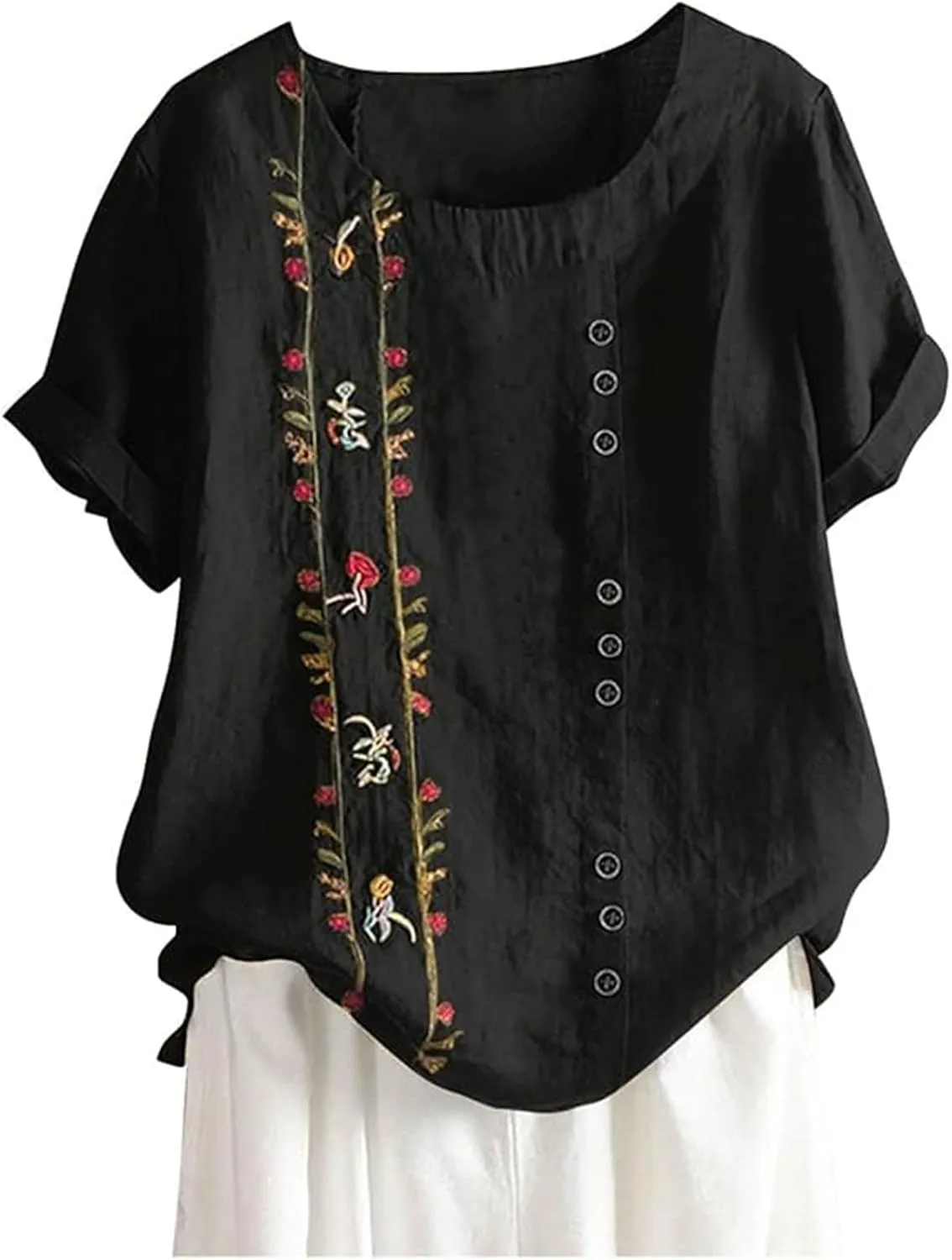 Women Short Sleeve Linen Shirts 2025 Trendy Crewneck Flower Printed Tees Blouse Casual Comfy Cotton Summer Tops