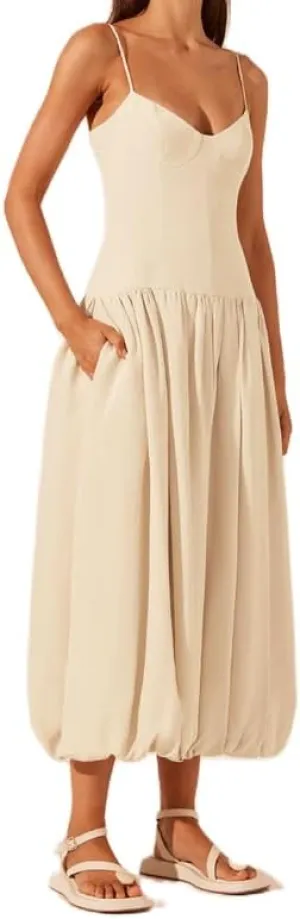 Women Sleeveless Bubble Maxi Dresses Low Waist Spaghetti Strap A Line Long Dress Patchwork Ruffle Pleated Midi Sundress