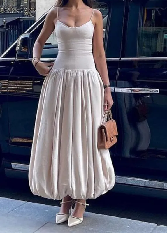 Women Sleeveless Bubble Maxi Dresses Low Waist Spaghetti Strap A Line Long Dress Patchwork Ruffle Pleated Midi Sundress
