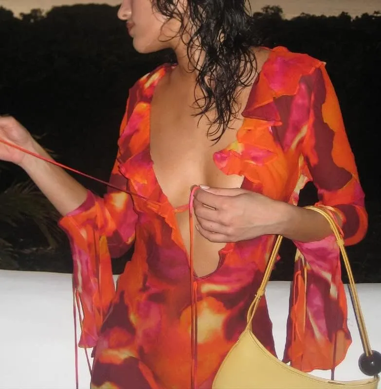 Women Tie Dye Long Sleeve Mini Dress Deep V Neck Criss Cross Bandage Dress Ruffle Trim Bodycon Sexy Party Dress