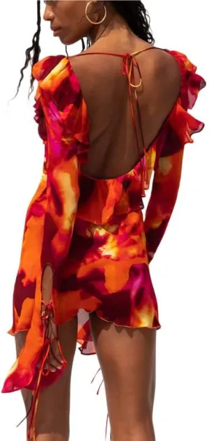 Women Tie Dye Long Sleeve Mini Dress Deep V Neck Criss Cross Bandage Dress Ruffle Trim Bodycon Sexy Party Dress