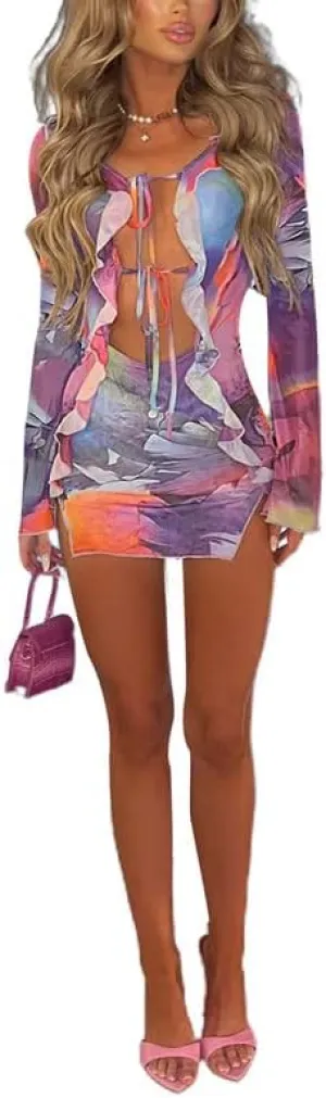Women Tie Dye Long Sleeve Mini Dress Deep V Neck Criss Cross Bandage Dress Ruffle Trim Bodycon Sexy Party Dress