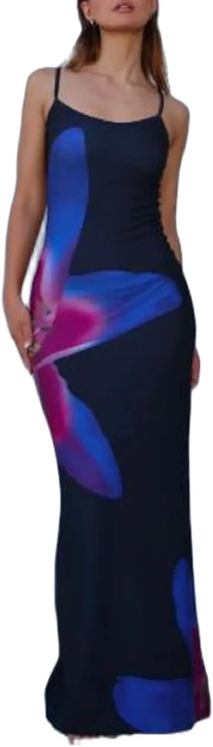 Women Y2k Floral Bodycon Maxi Dress Spaghetti Strap Low Cut Slip Long Dress Summer Going Out Beach Sundress