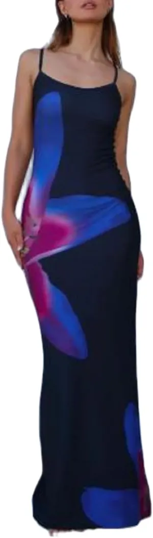 Women Y2k Floral Bodycon Maxi Dress Spaghetti Strap Low Cut Slip Long Dress Summer Going Out Beach Sundress