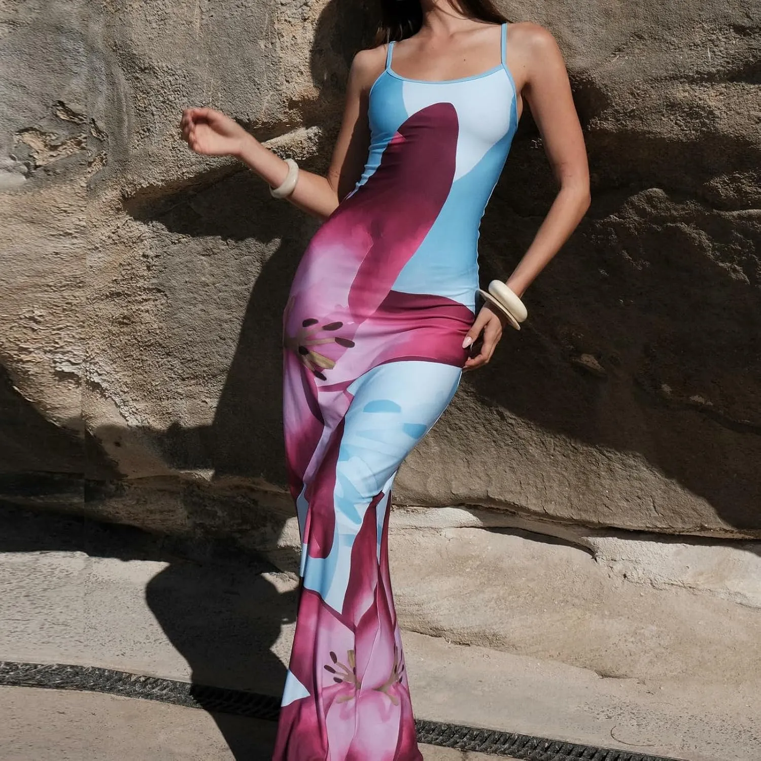 Women Y2k Floral Bodycon Maxi Dress Spaghetti Strap Low Cut Slip Long Dress Summer Going Out Beach Sundress