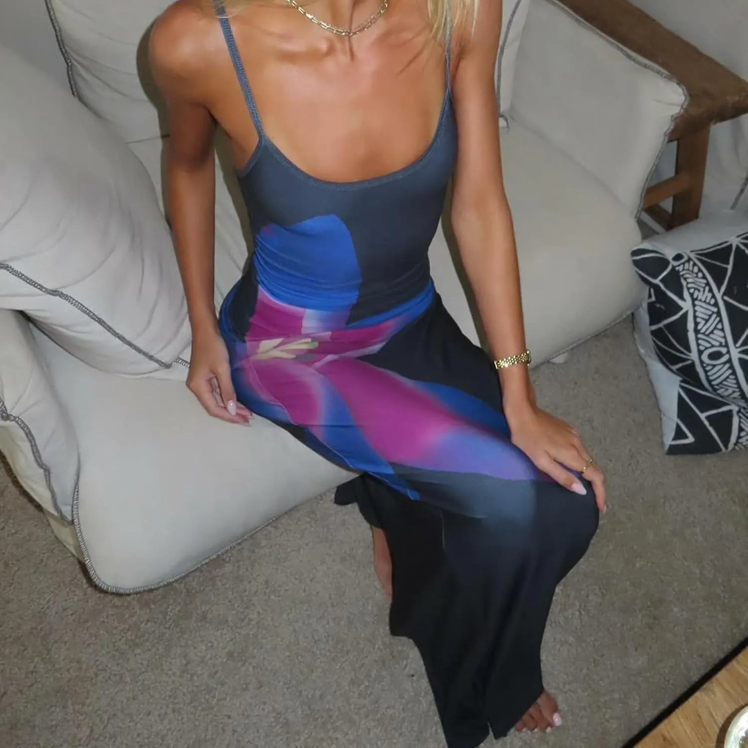 Women Y2k Floral Bodycon Maxi Dress Spaghetti Strap Low Cut Slip Long Dress Summer Going Out Beach Sundress