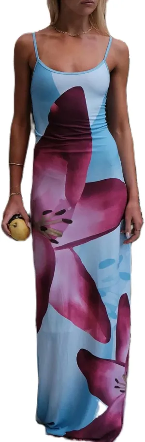 Women Y2k Floral Bodycon Maxi Dress Spaghetti Strap Low Cut Slip Long Dress Summer Going Out Beach Sundress