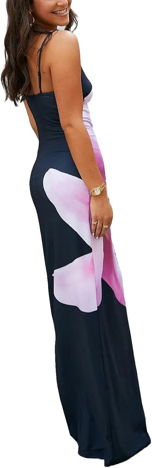 Women Y2k Floral Bodycon Maxi Dress Spaghetti Strap Low Cut Slip Long Dress Summer Going Out Beach Sundress