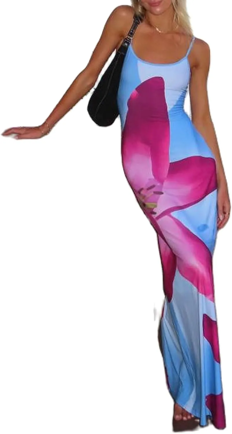 Women Y2k Floral Bodycon Maxi Dress Spaghetti Strap Low Cut Slip Long Dress Summer Going Out Beach Sundress