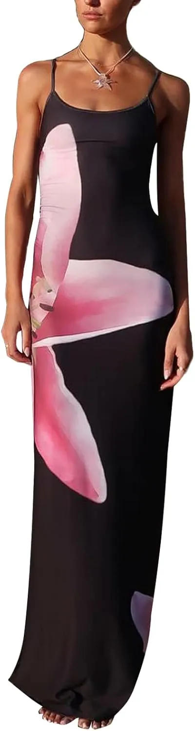 Women Y2k Floral Bodycon Maxi Dress Spaghetti Strap Low Cut Slip Long Dress Summer Going Out Beach Sundress