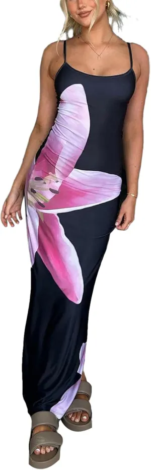 Women Y2k Floral Bodycon Maxi Dress Spaghetti Strap Low Cut Slip Long Dress Summer Going Out Beach Sundress
