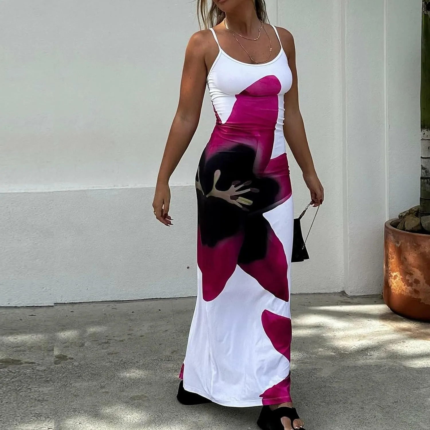 Women Y2k Floral Bodycon Maxi Dress Spaghetti Strap Low Cut Slip Long Dress Summer Going Out Beach Sundress
