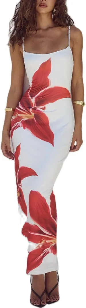 Women Y2k Floral Bodycon Maxi Dress Spaghetti Strap Low Cut Slip Long Dress Summer Going Out Beach Sundress