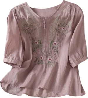 Womens 3/4 Sleeve Linen Shirts 2025 Cotton Summer Retro Embroidered Boho Tops Dressy Casual Beach Vacation Blouses
