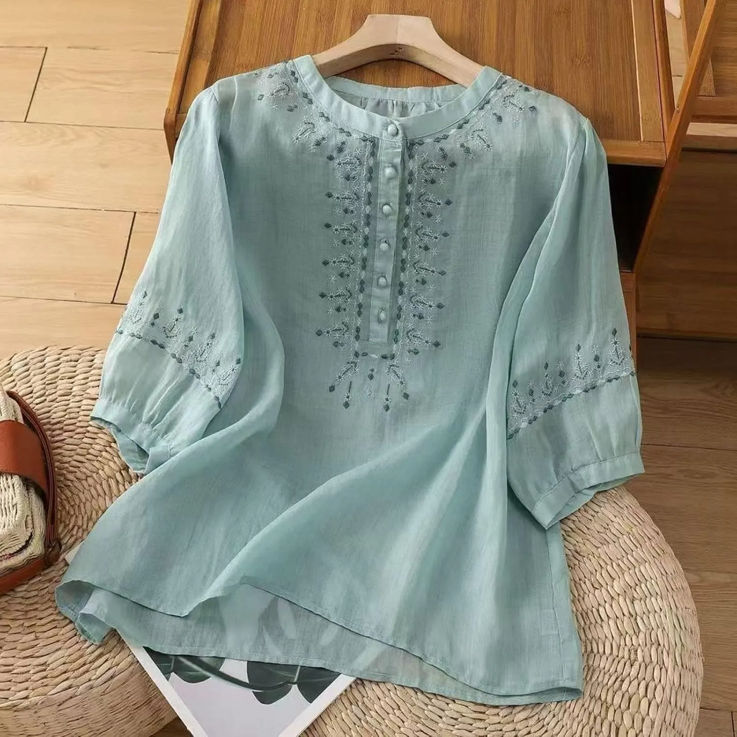 Womens 3/4 Sleeve Linen Shirts 2025 Cotton Summer Retro Embroidered Boho Tops Dressy Casual Beach Vacation Blouses