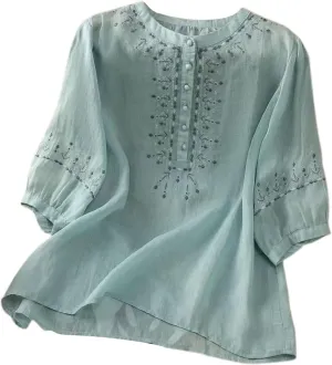 Womens 3/4 Sleeve Linen Shirts 2025 Cotton Summer Retro Embroidered Boho Tops Dressy Casual Beach Vacation Blouses