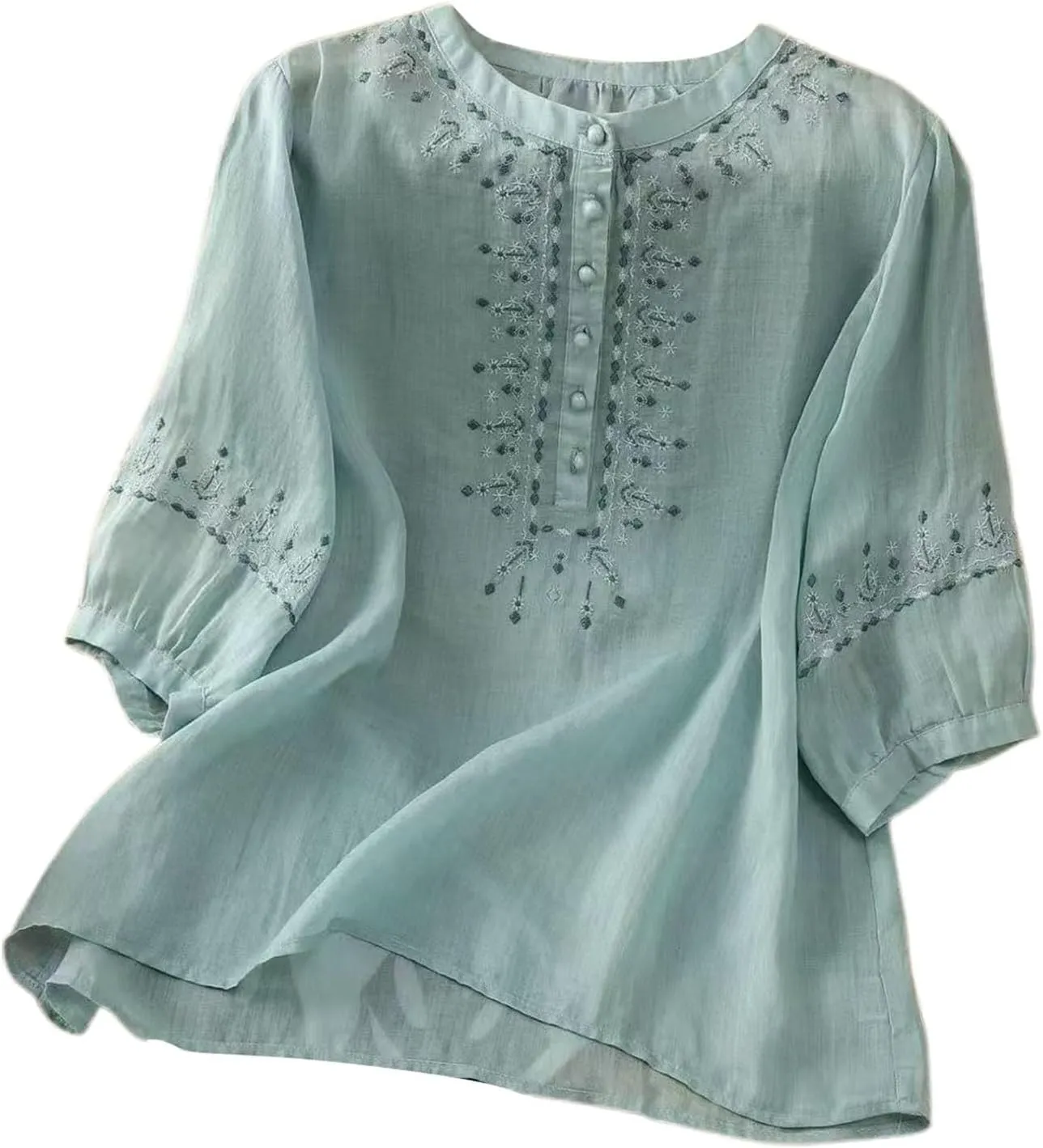 Womens 3/4 Sleeve Linen Shirts 2025 Cotton Summer Retro Embroidered Boho Tops Dressy Casual Beach Vacation Blouses
