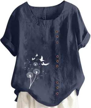 Women's Boho Floral Shirts Short Sleeve Crewneck Embroidery Blouse Button Down Loose Fit Summer T Shirt Linen Tunic