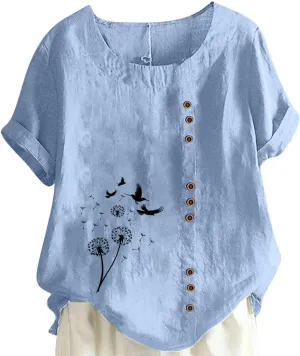 Women's Boho Floral Shirts Short Sleeve Crewneck Embroidery Blouse Button Down Loose Fit Summer T Shirt Linen Tunic